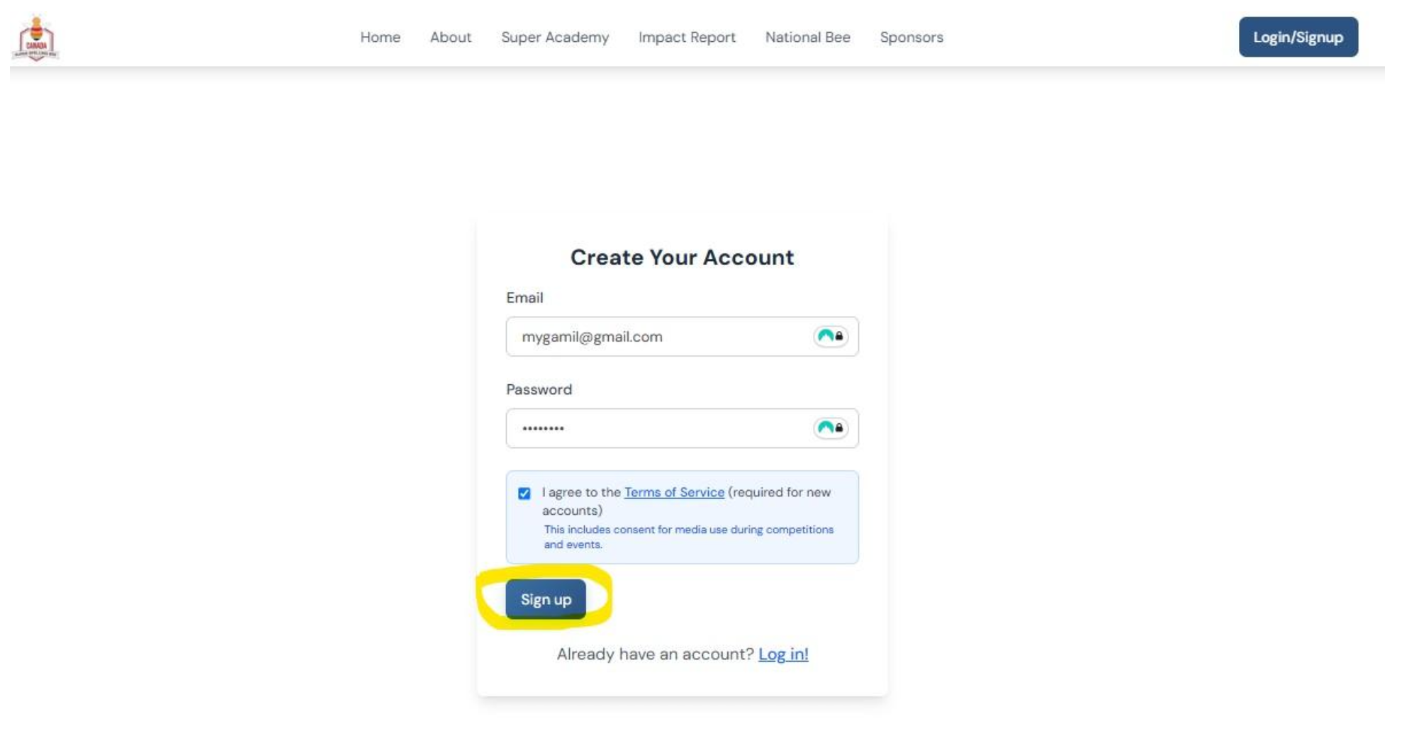 Login page with sign up link